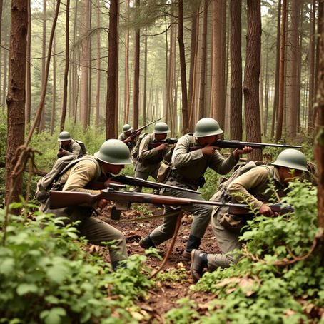 A group of uniformed soldiers in warfare.