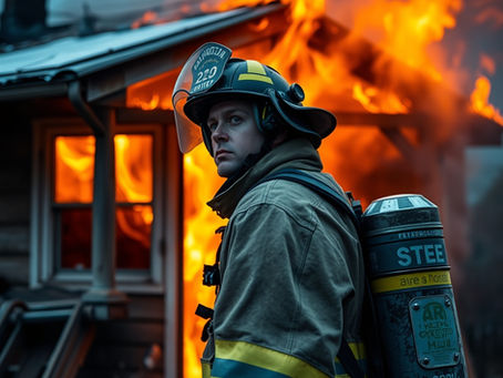 A fireman standing on the outside of a house fire