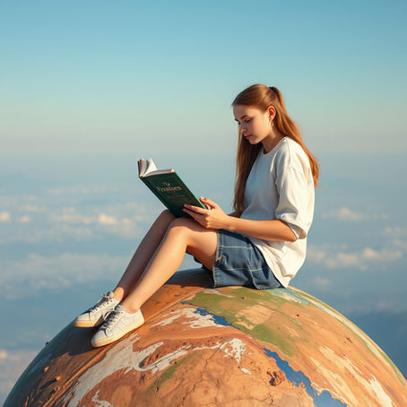 A teenage girl reading a book and sitting on planet earth.