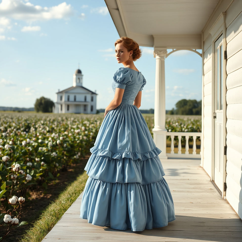 A white woman in a blue dress during post-antebellum period