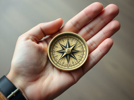 A white man's hand holding a gold compass