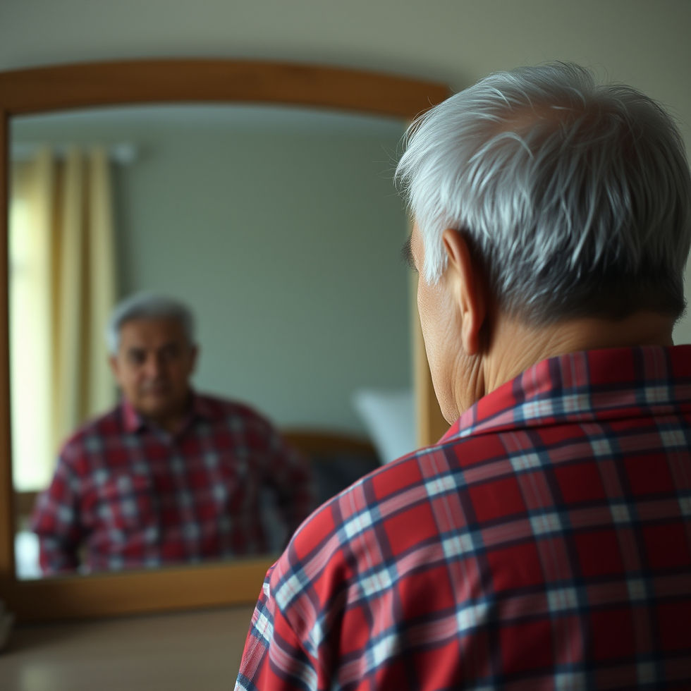 An old Hispanic man looking in a dresser mirror