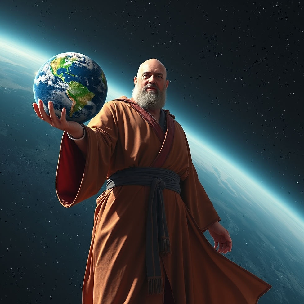 A giant man wearing a robe, holding a planet earth in his hand, and standing in outer space.