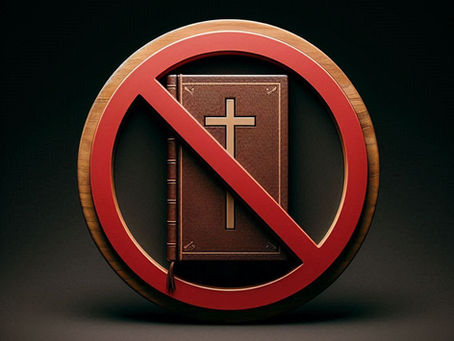 A red No sign over a brown Holy Bible with a black background.