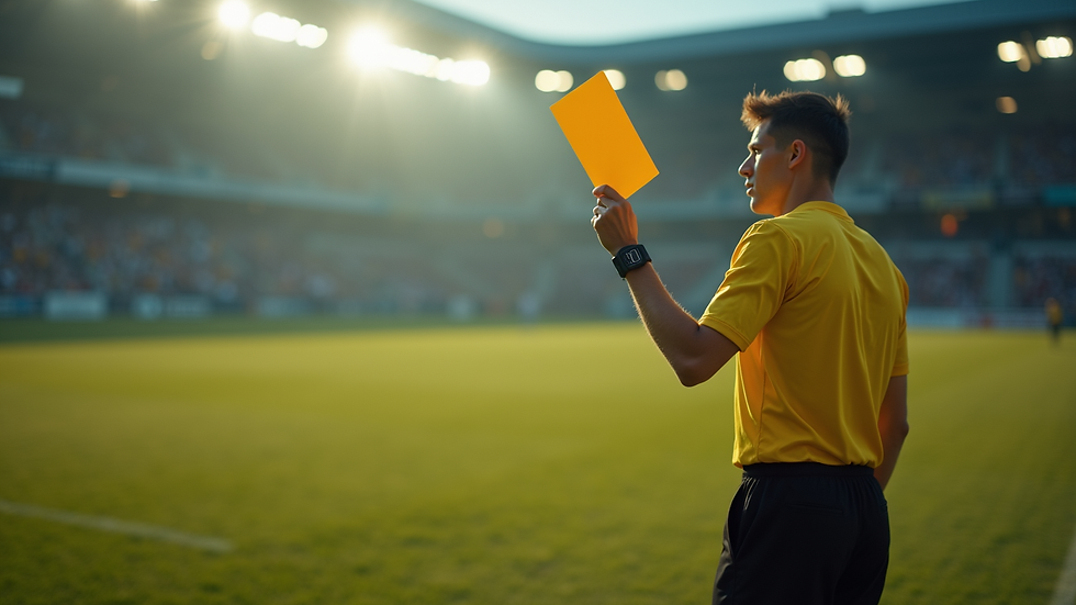 Close-up view of a referee holding a yellow card during a football match