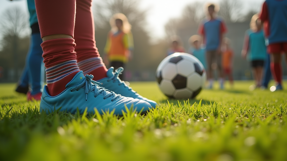 Close-up view of football boots on grass during training