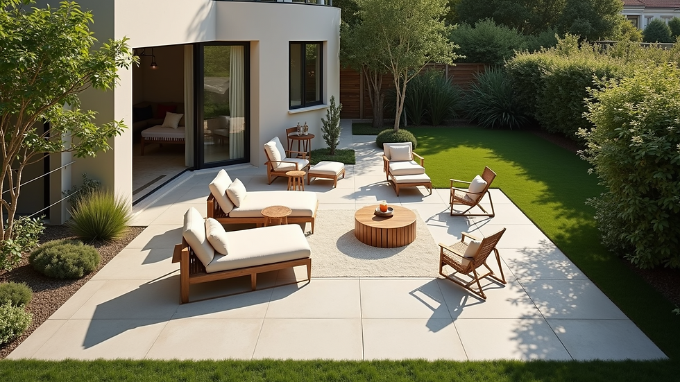 High angle view of a clean backyard patio with outdoor furniture