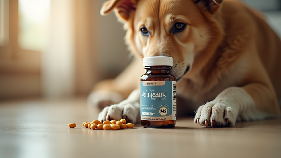 Close-up view of a bottle of joint health supplement for pets