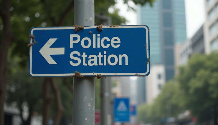 Close-up view of a Bangkok street sign with police station directions