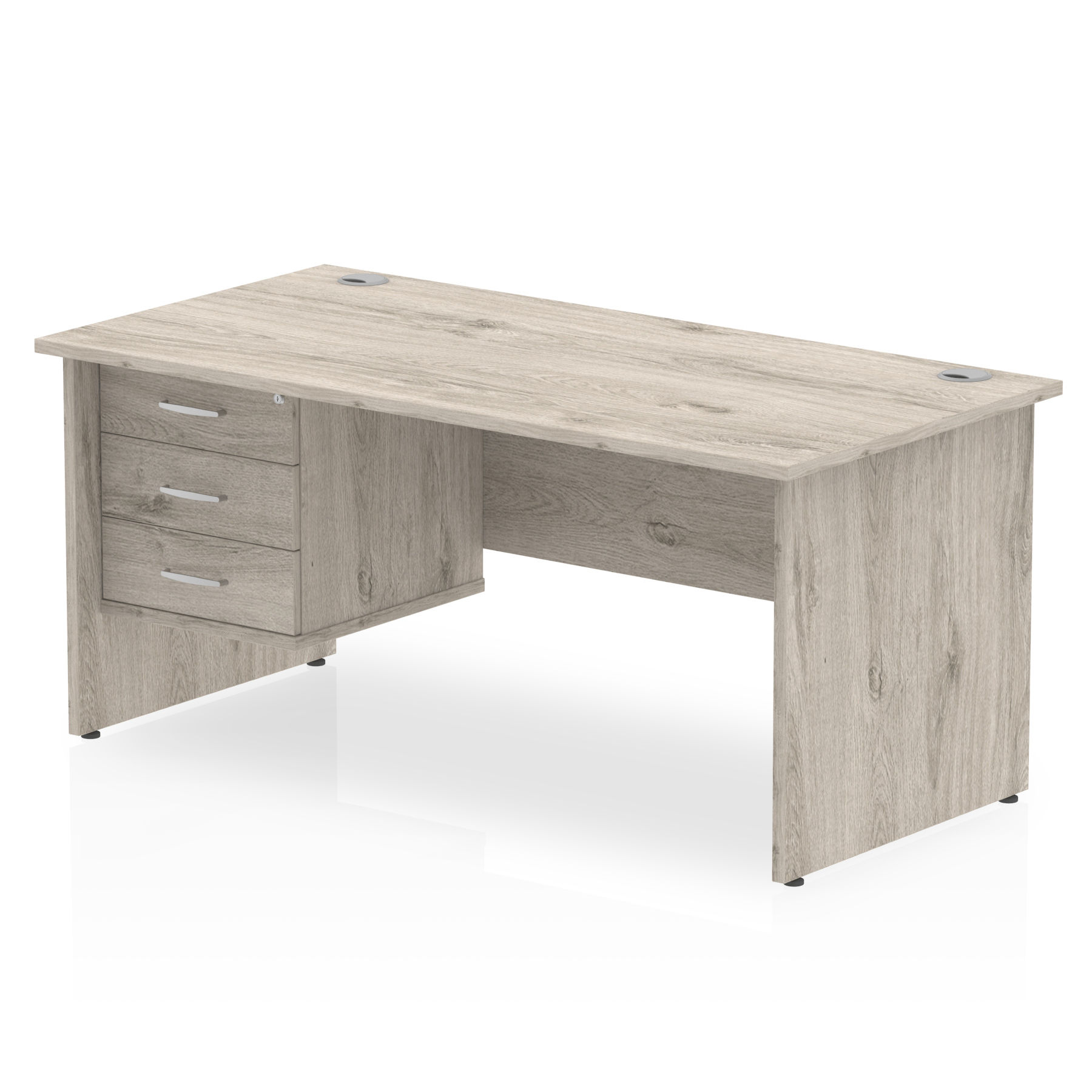 Impulse 1800 Rectangle Panel End Leg Desk Grey Oak 1 x 3 Drawer Fixed Ped