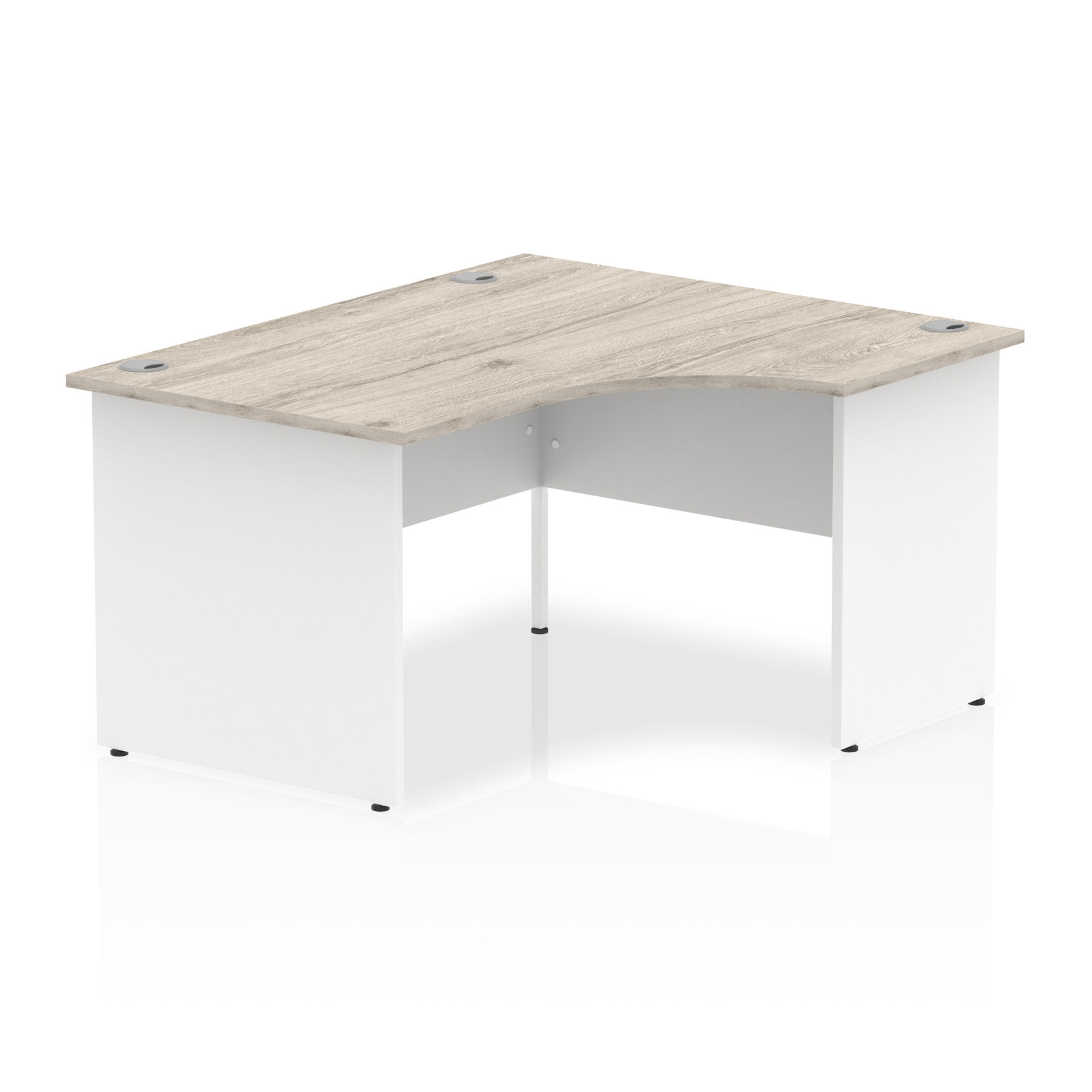 Impulse Panel End 1400 Right Hand Crescent Desk Grey Oak Top White Panels