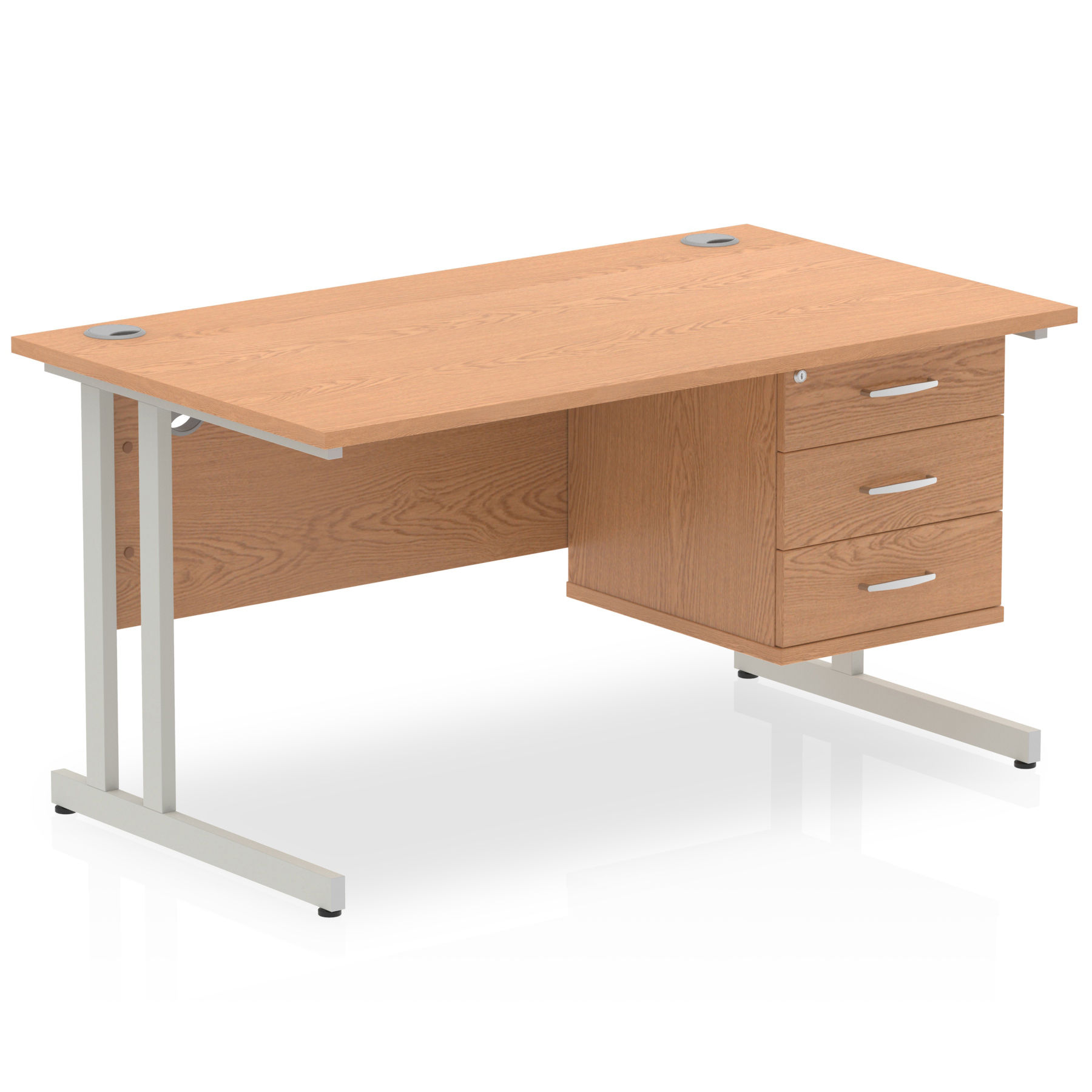Impulse 1400 Rectangle Silver Cant Leg Desk Oak 1 x 3 Drawer Fixed Ped