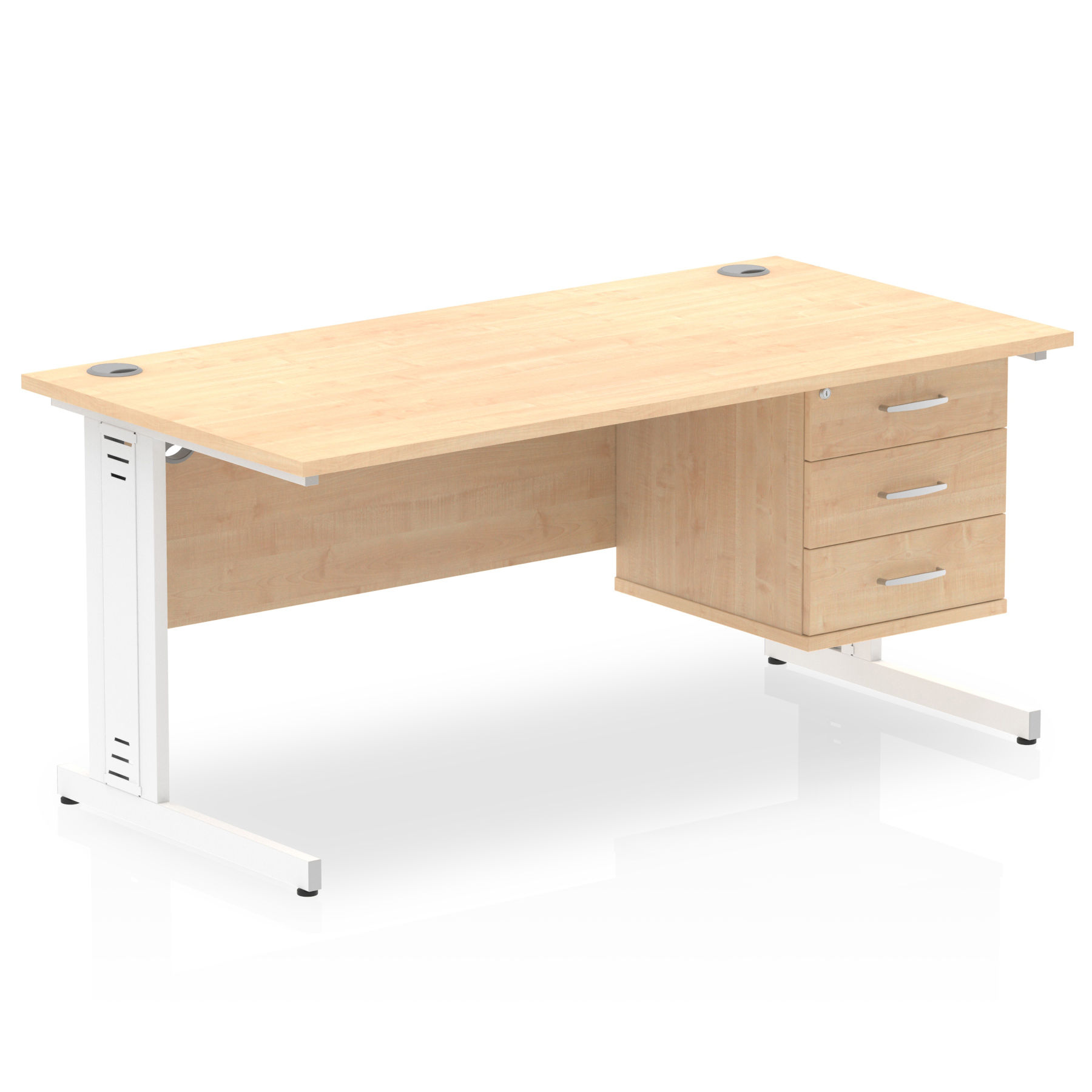 Impulse 1600 Rectangle White Cable Managed Leg Desk Maple 1 x 3 Drawer Fixed Ped