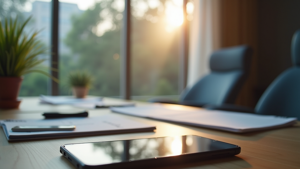 Wide angle view of a modern workspace with a focus on a mobile device