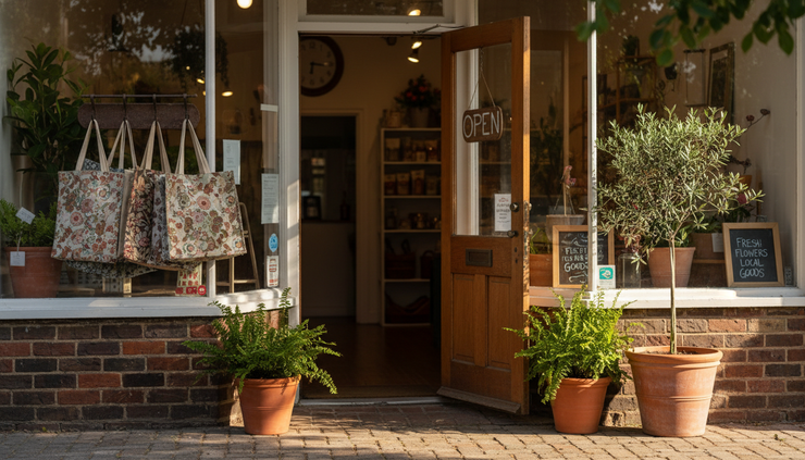 Eye-level view of a small storefront entrance with an open sign, potted plants, and shopping bags near the doorway