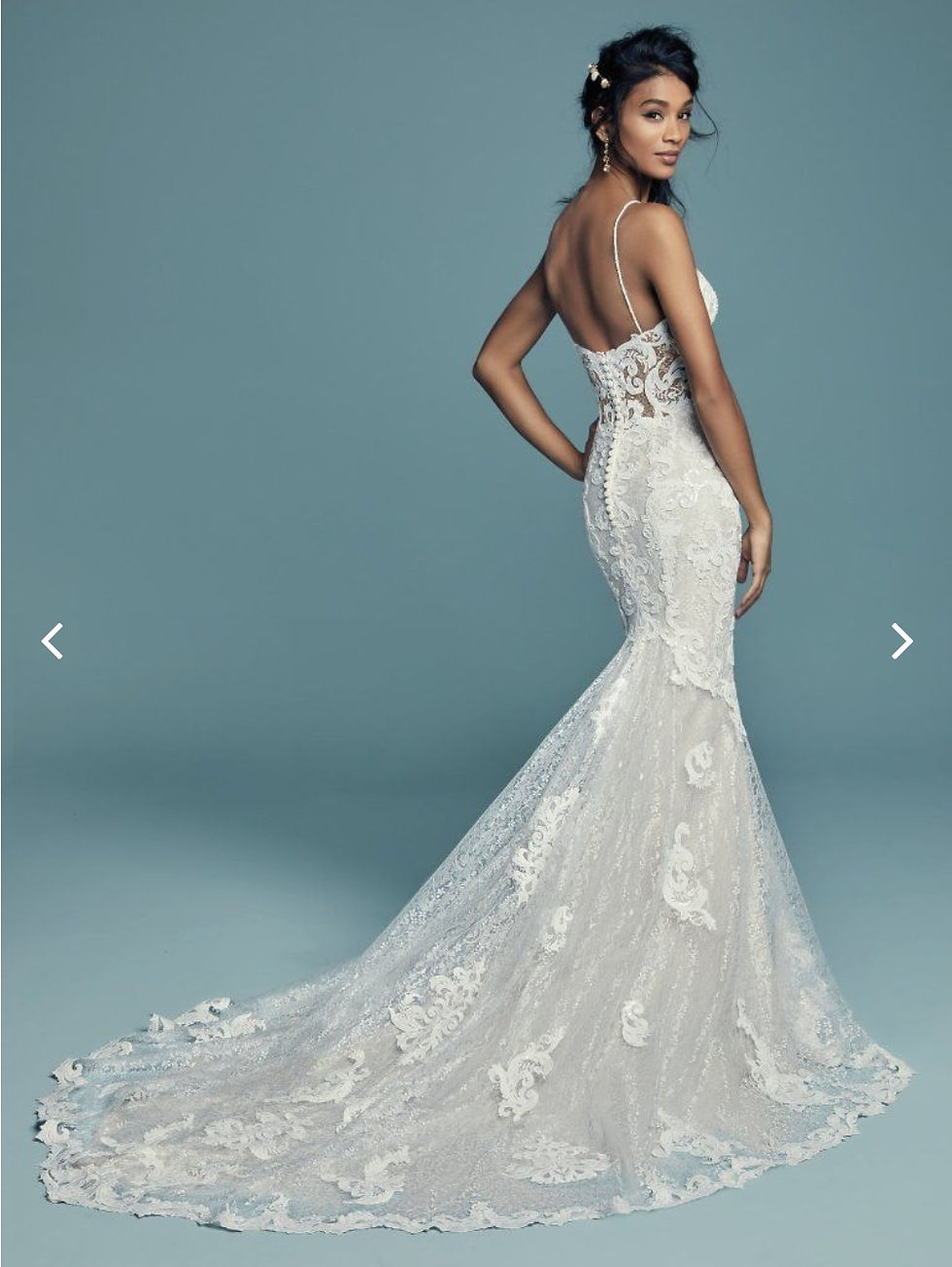Maggie Sottero gowns can be ordered from the designer in size 0-28. The A-line d