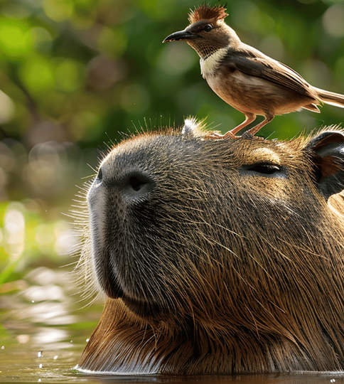 Capivara com pássaro sobre a cabeça em ambiente de manguezal em Paraty