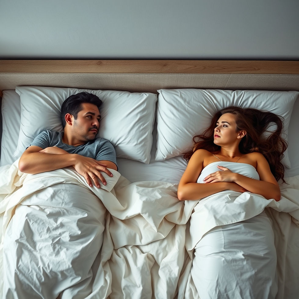 A man and woman lie in bed under white sheets, facing each other with serious expressions. Brightly lit bedroom setting.