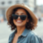 Smiling person in sunglasses and straw hat outdoors, wearing a denim jacket. Urban background is blurred, conveying a cheerful mood.