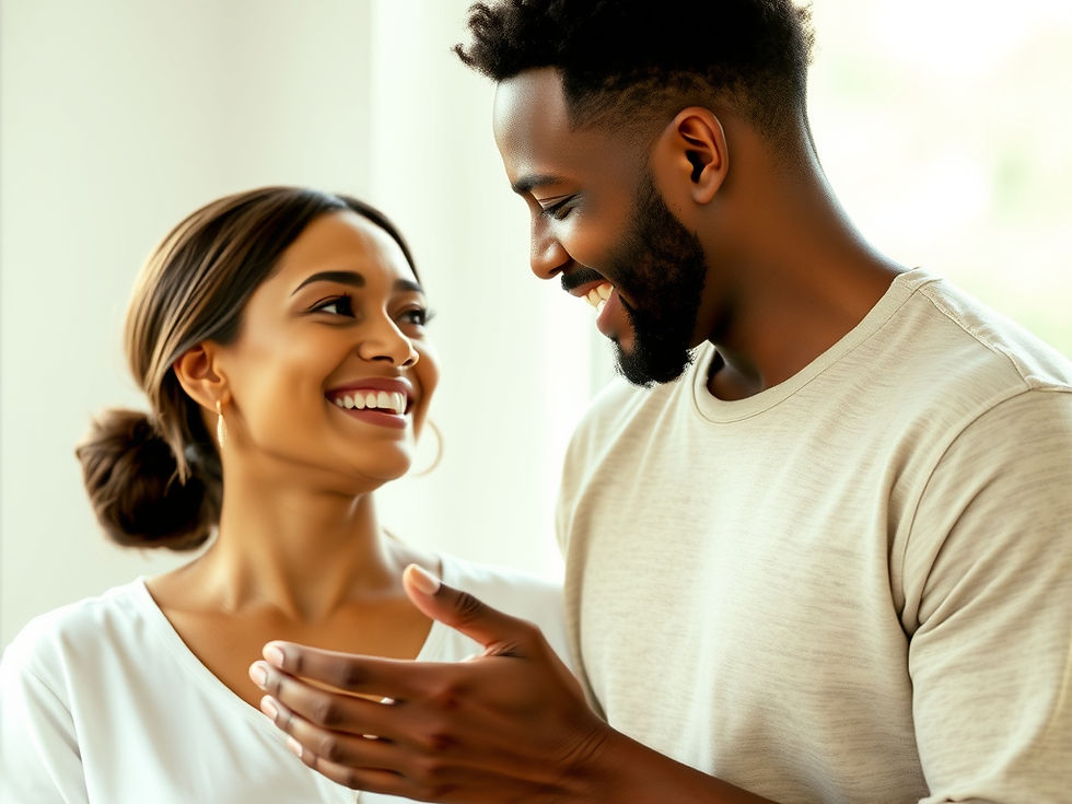 A smiling couple gazes at each other in a bright room. They appear happy and relaxed, with the woman wearing a white top and the man a beige shirt.