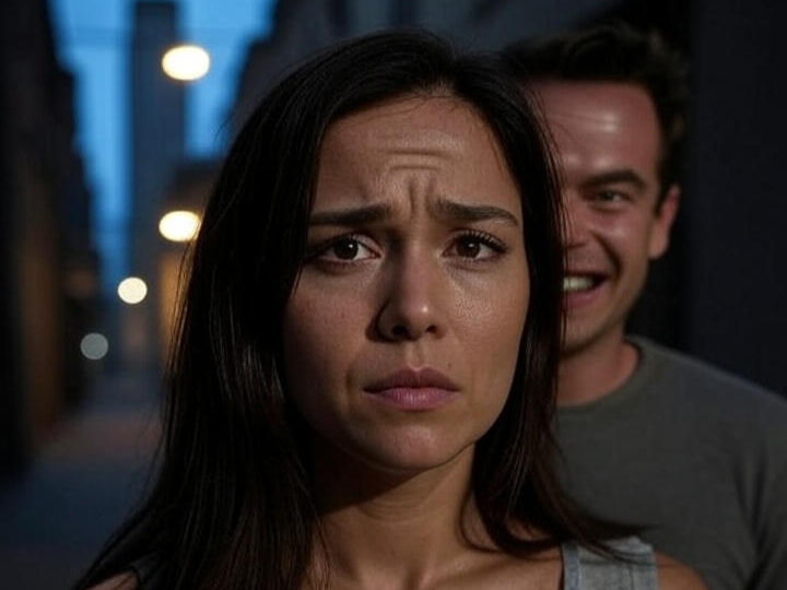 Woman with concerned expression in foreground, man smiling behind her. Urban street setting at dusk, with blurred lights in background.