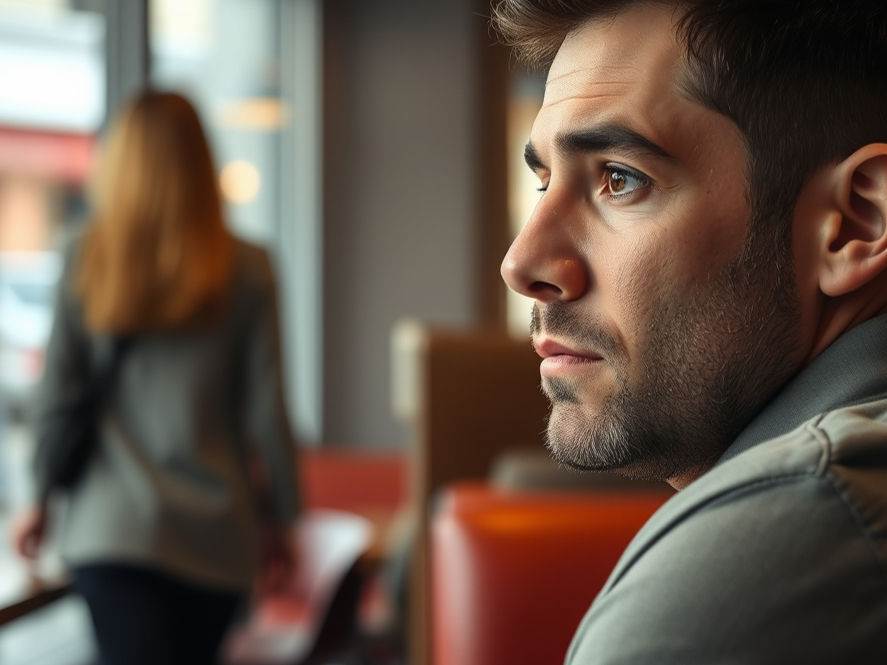 Man with thoughtful expression in a cafe, looking to the side. Woman in background walking away. Soft lighting, warm tones.