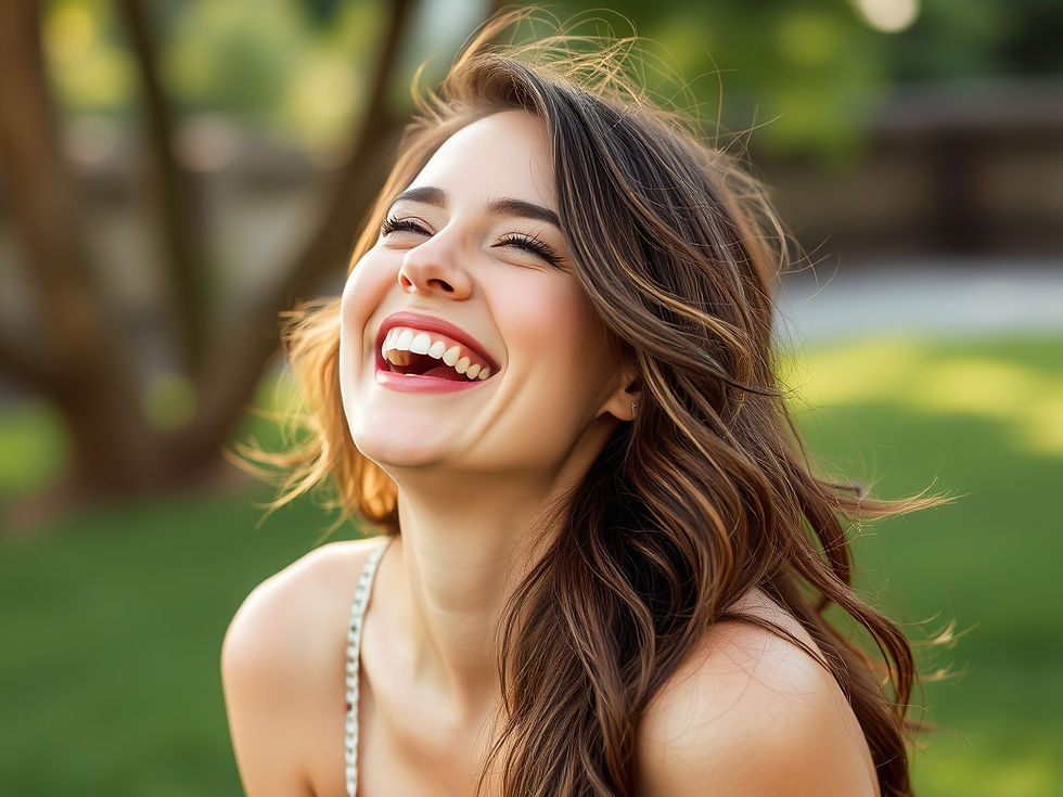 Woman with long hair laughs joyfully in a sunny park, background of green grass and trees. Bright, happy mood.