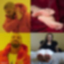 Split image: Top left, person in red jacket disapproves. Bottom left, same person approves. Top right, bare feet on red fabric. Bottom right, woman smiles with feet visible.