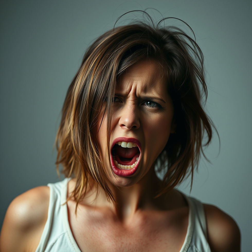 Woman with short brown hair shouting, wearing a white tank top. Neutral gray background, expressing anger or frustration.