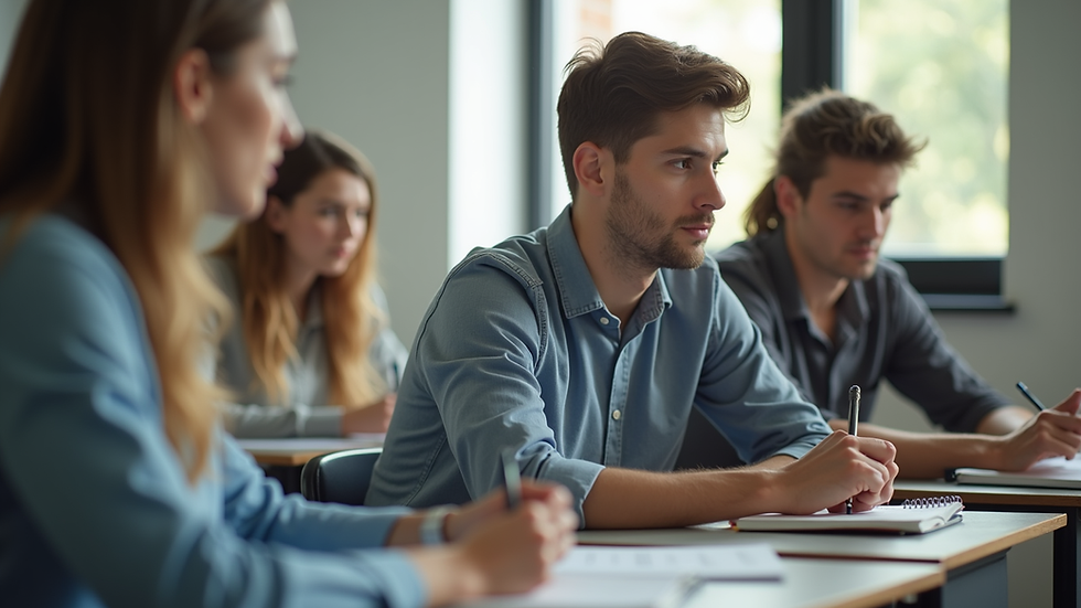 Plano medio de un estudiante tomando notas durante una clase práctica de protocolo