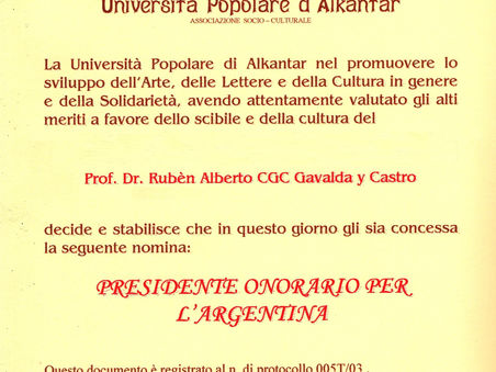 La "Universitá Popolare d´Alkantar" designó Presidente honorario para la Argentina