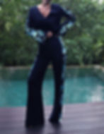 Thumbnail: Navy crepe trouser with silk printed sides