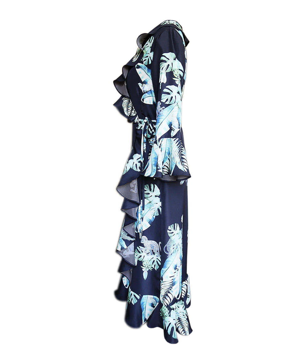 Thumbnail: Silk wrap dress - Aqua jungle print (midi)