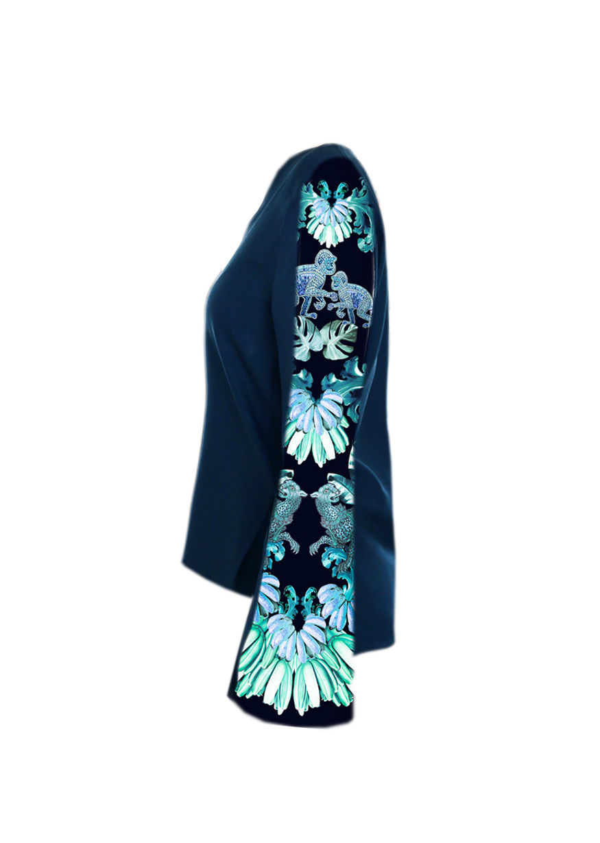 Thumbnail: Navy crepe blouse with silk printed sleeves