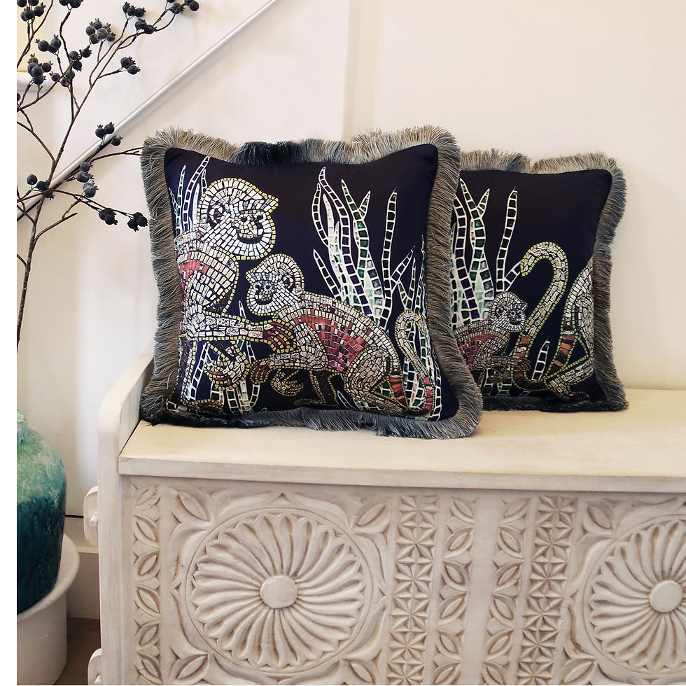 Thumbnail: Monkeys in the grass silk cushion - Navy