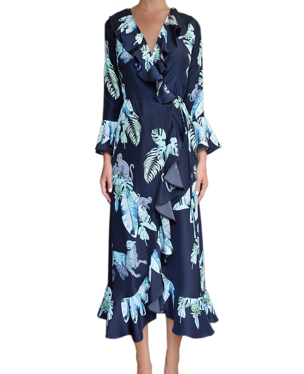 Thumbnail: Silk wrap dress - Aqua jungle print (midi)