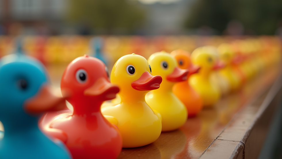 Wide angle view of colorful rubber ducks lined up
