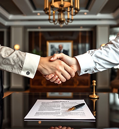 hand shake between two people with a contract on an expensive desk and a fountain pen in t
