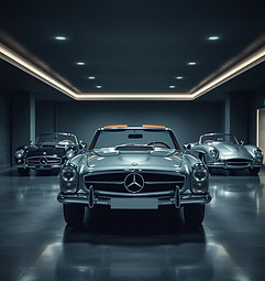 realistic image of a Mercedes SL from the 1960s in a very large modern luxurious basement 