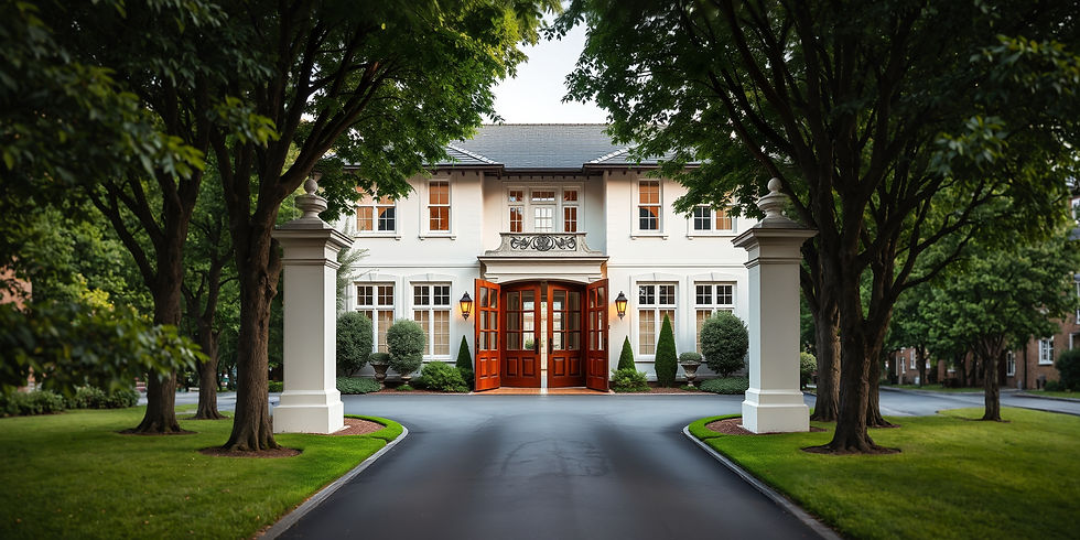 looking down the driveway of a classic mansion in Toorak, with double wooden formal front 