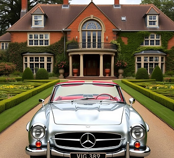 Mercedes SL gullwing from the 1960s out the front of a stately manor house with beautiful 