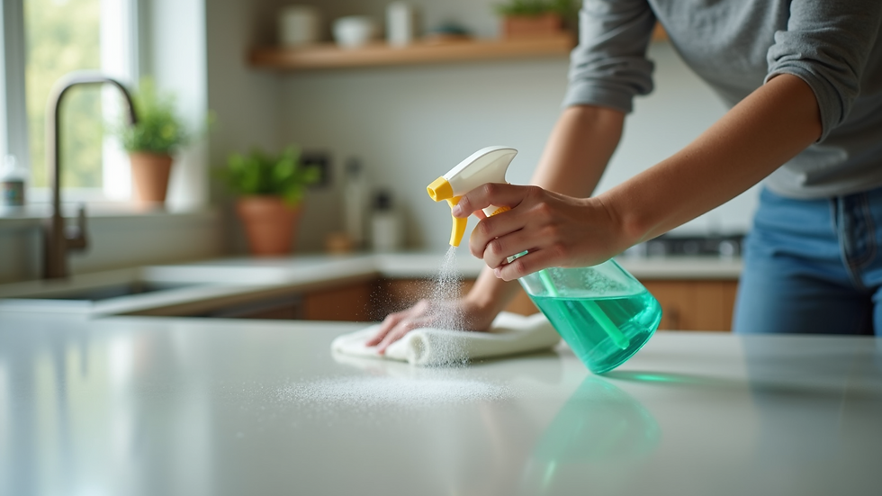 Close-up view of a cleaning professional using eco-friendly spray on a kitchen countertop