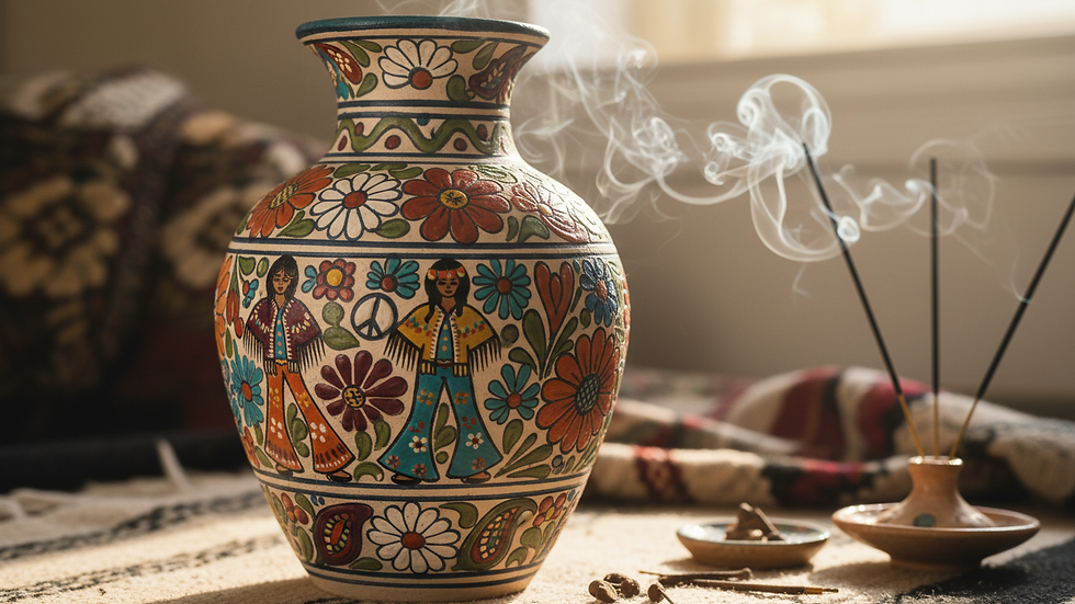 Close-up view of a hand-painted Mexican pottery vase with intricate floral designs