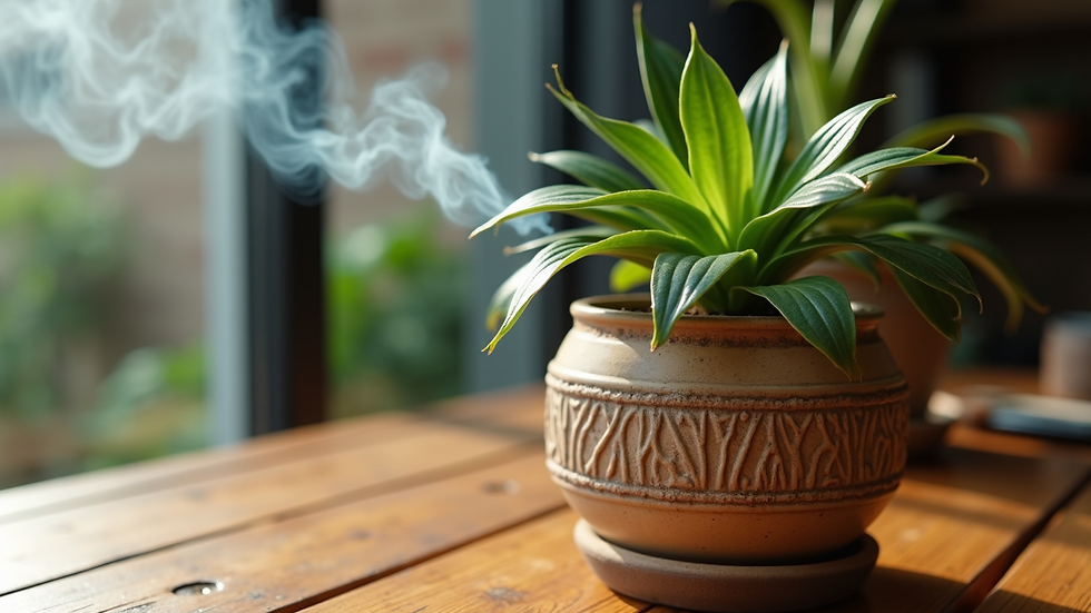 Close-up view of a ceramic planter with a green leafy plant on a wooden table