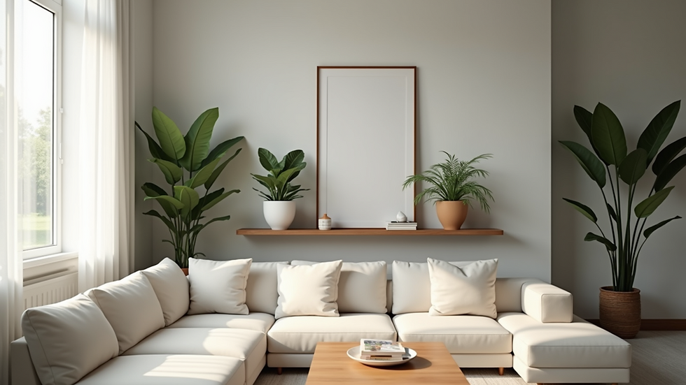 Eye-level view of a modern living room with artistic planters on shelves