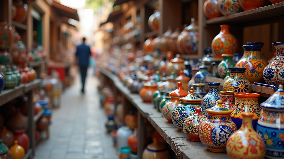 High angle view of colorful Talavera pottery displayed in a traditional Mexican market