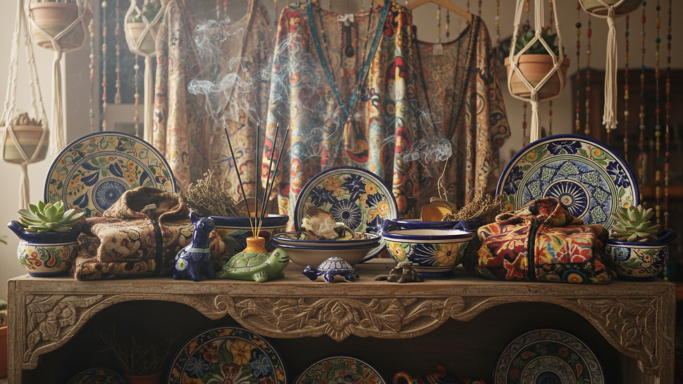 Eye-level view of colorful Talavera pottery displayed on a wooden shelf