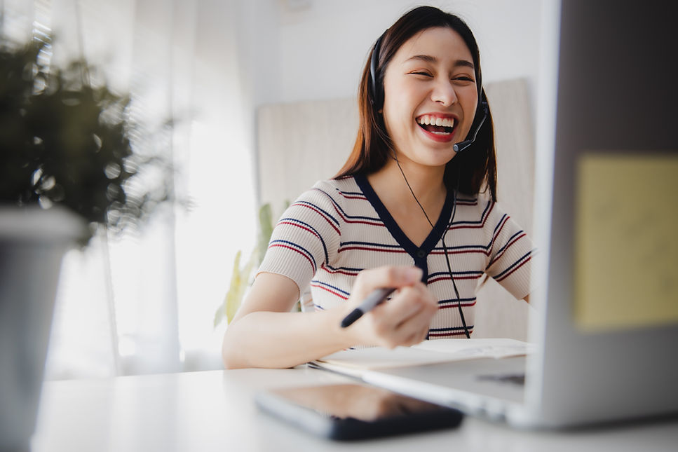happy online student laughing in mic