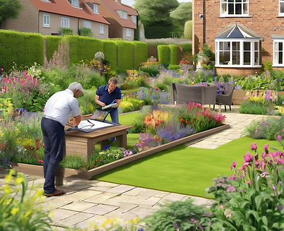 Two garden design experts discussing plans in a vibrant UK garden filled with flowers and greenery