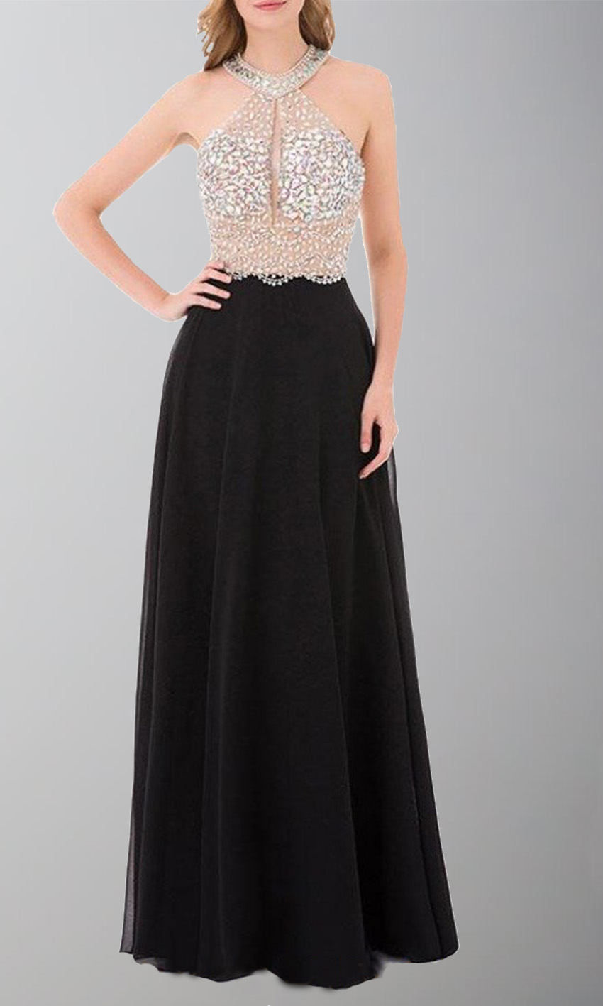 embellished halter long sheer black prom dress